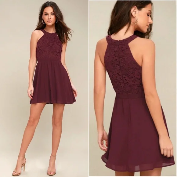 Lulus | Lover's Game Burgundy Lace Skater Dress Lulus | Lover's Game Burgundy Lace Skater Dress